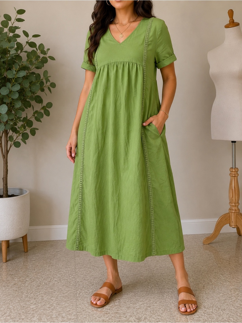 V-Neck Short Sleeve Maxi Dress in Green with Lace-Trim Panels